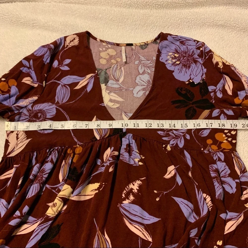 Free People Bella Floral-Print Tunic Mini Dress Purple Bell Sleeve V Neck